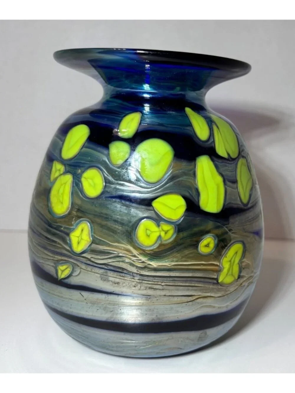 Iridescent Blue Art Studio Glass Vase Signed by Artist Rick Hunter Cobalt Blue G
